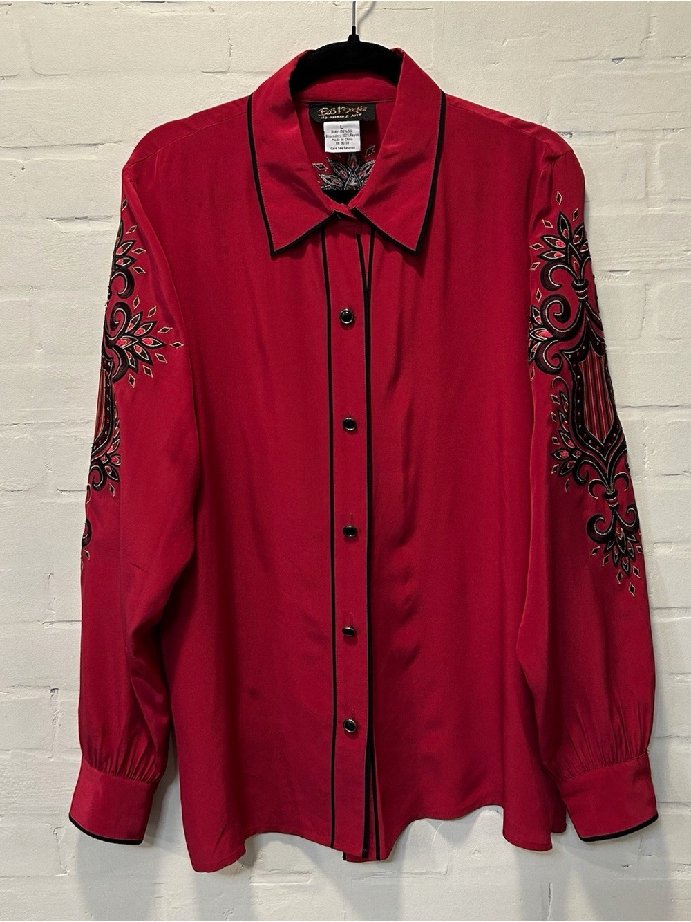 Bob Mackie Wearable Art Red 100% Silk Embroidered Blouse
